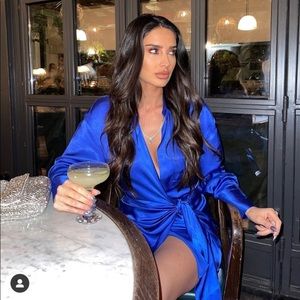 Blue Satin Wrap Dress